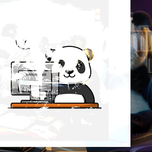 Bild-Collage aus Fotos in gedeckten Farben mit einem Panda, der vor einem Computer sitzt 